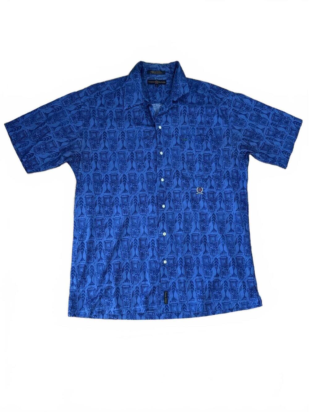 Vintage Tommy Hilfiger Men's Button Up Blue Tropical TShirt 100% Cotton Mens Lg